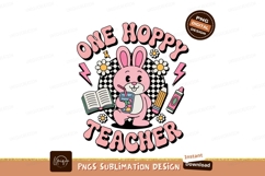Pink bunny teacher with drink and school supplies book Product Image 1