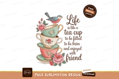 Bird perched on stacked teacups with flowers pink Product Image 1