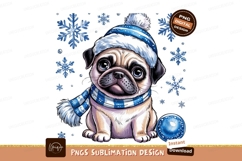 Cute Winter Pug Puppy Watercolor Illustration PNG Product Image 1