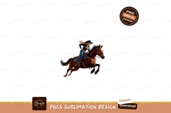Blonde cowgirl riding brown horse jumping image Product Image 1
