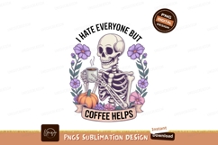 Skeleton holding coffee cup with flowers and pumpkin Product Image 1