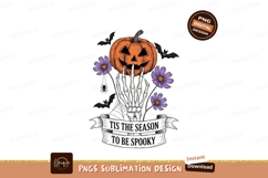 Skeleton hand holding pumpkin with purple flowers and bats Product Image 1