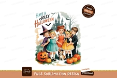 Children celebrating Halloween with pumpkins and castle Product Image 1