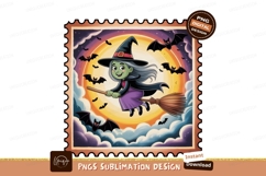 Whimsical witch flies on broomstick with bats Halloween Product Image 1