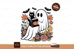 Ghost reading book with cat and flowers pumpkin Product Image 1