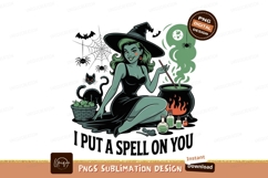 Green witch brewing potion with black cat halloween Product Image 1