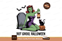 Green Zombie Pinup With Lantern And Black Cat halloween Product Image 1