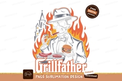 Skeleton grillmaster smoking cigar holding burger flames Product Image 1