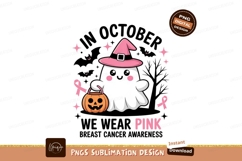 Cute ghost holding pumpkin wearing witch hat pink Product Image 1