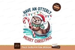 Otter wearing Santa hat holding candy cane christmas Product Image 1