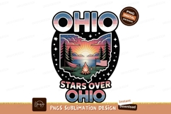 Sunset camping scene with american flag lake trees Product Image 1