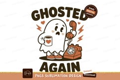 Sad ghost holding coffee cup talking on rotary phone Product Image 1