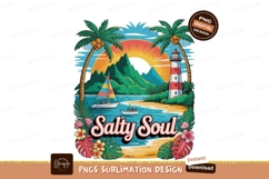 Tropical island beach sunset with lighthouse and sailboat Product Image 1