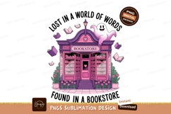 Pink ghost bookstore with flying books purple Product Image 1