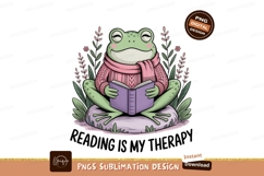 Frog reading book wearing pink sweater and scarf SUBLIMATION Product Image 1