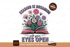 Open book with blooming flowers and text pink purple Product Image 1