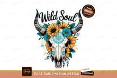 Bull skull adorned with sunflowers and teal blooms Product Image 1