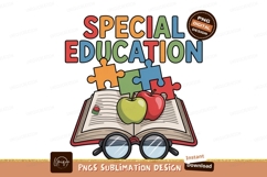 Colorful puzzle pieces above open book with apples and glass Product Image 1