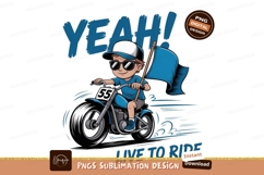 Boy riding motorcycle with blue flag image Product Image 1