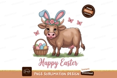 Cartoon Cow Happy Easter Sublimation Png Product Image 1