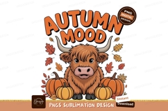 Fluffy bovine surrounded by pumpkins and autumn leaves Product Image 1