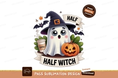 Cute ghost wearing witch hat with pumpkin and coffee Product Image 1