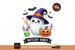 Cute ghost witch holding pumpkin and wand stars Product Image 1
