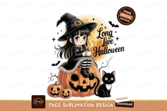 Chibi witch with black cat and pumpkins Halloween moon Product Image 1