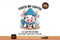 Cow wearing blue beanie and scarf holding coffee winter Product Image 1