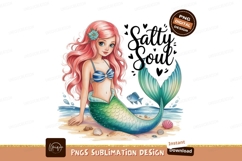 Pink haired mermaid on beach blue green Product Image 1