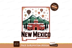 Red adobe building hot air balloons snowflakes mountains Product Image 1