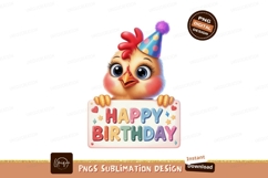 Cute chicken wearing party hat holding happy birthday sign Product Image 1