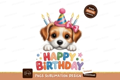 Adorable puppy wearing birthday hat and bow candles Product Image 1