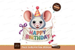 Cute mouse wearing party hat holding happy birthday banner Product Image 1