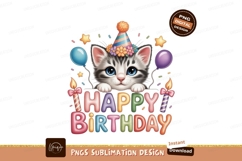 Cute kitten celebrates birthday with balloons and candles Product Image 1
