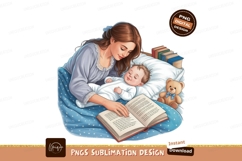 Mother reading bedtime story to sleeping baby book Product Image 1