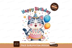Cute cat celebrates birthday with cake and balloons Product Image 1