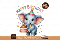Cute elephant wearing party hat holding birthday cake Product Image 1