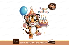 Cute tiger celebrates birthday with cake and balloon Product Image 1