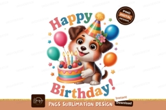 Cute puppy celebrates birthday with cake and balloons Product Image 1