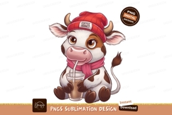Cartoon Cow Drinking Coffee Sublimation Png Product Image 1