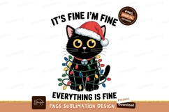 Black cat wearing Santa hat entangled in Christmas lights Product Image 1