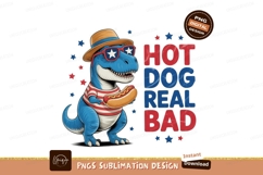 Blue dinosaur wearing hat and sunglasses holding hot dog Product Image 1