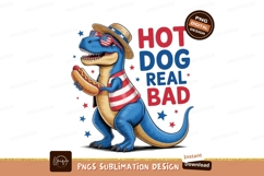 Blue dinosaur wearing patriotic attire holding hot dog Product Image 1