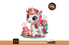 Whimsical unicorn with rainbow mane and birthday cakes Product Image 1