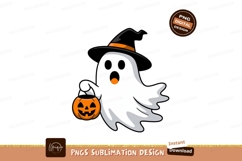 White ghost wearing hat holding pumpkin halloween Product Image 1