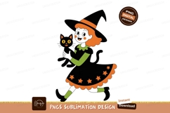 Young witch holding black cat halloween orange Product Image 1