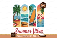 Tropical beach scene with flamingos and surfboard summer Product Image 1