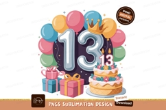 Thirteen birthday celebration with balloons and cake Product Image 1