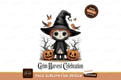 Cute witch with pumpkins and birds Halloween spooky Product Image 1